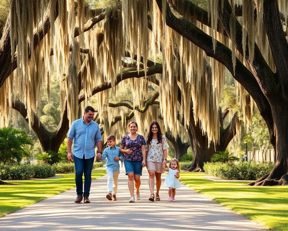 Family walking under live oaks with Spanish moss in an Ocala park