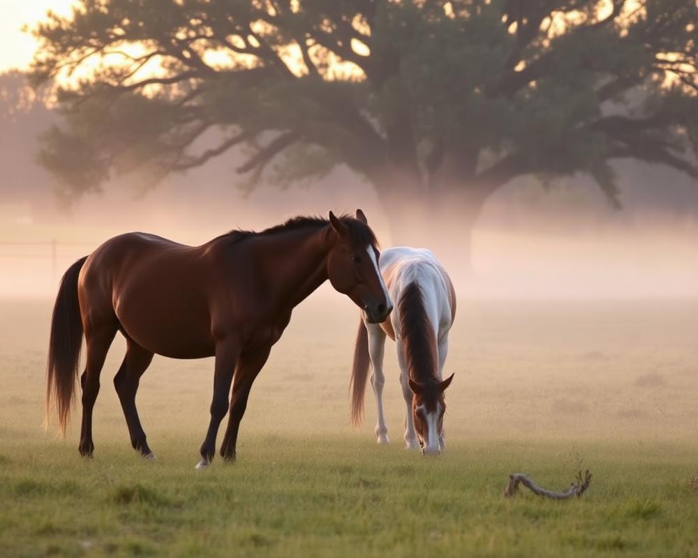 Two horses grazing in a misty Ocala pasture at dawn